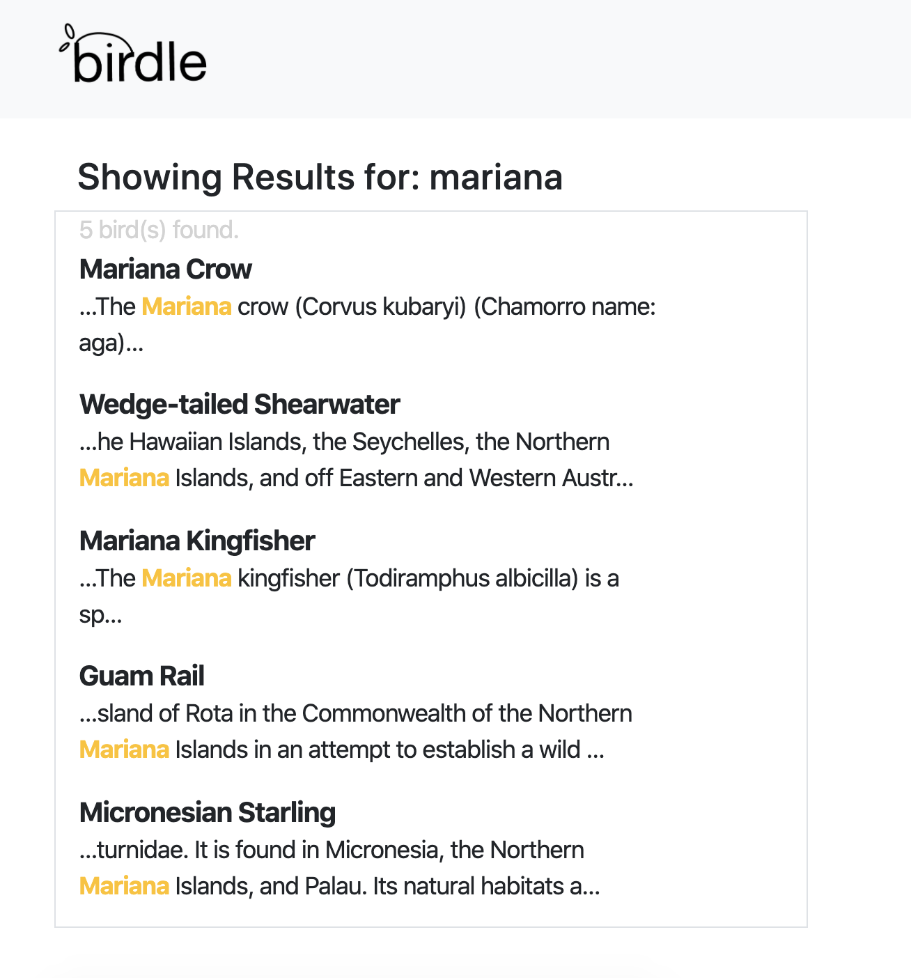 birdle search results